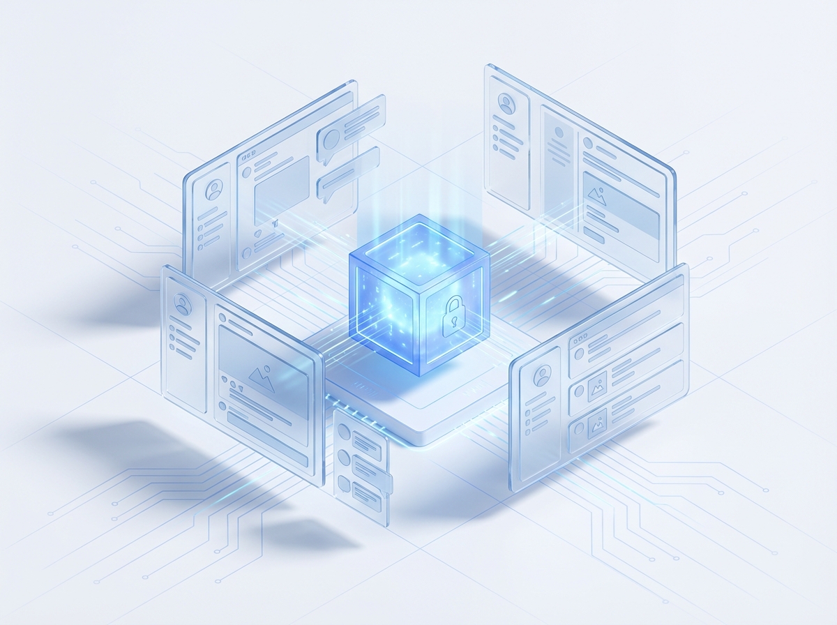 Visualizes the AT Protocol's unique architecture where user data exists independently of the applications that display it.