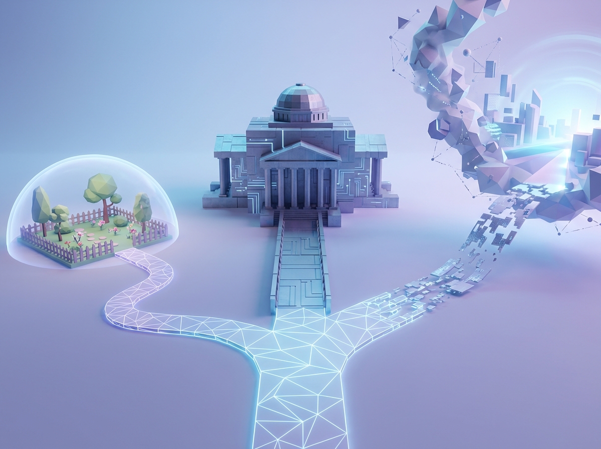 Illustrates the 'Future Scenarios' section, visualizing the three potential outcomes: niche use, regulation, or evolution.