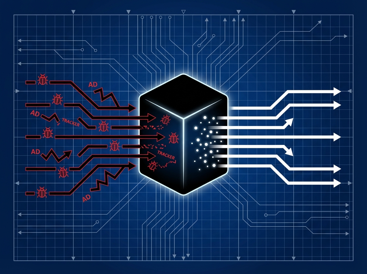 A diagrammatic illustration showing how Miniflux strips trackers and ads, acting as a privacy filter.