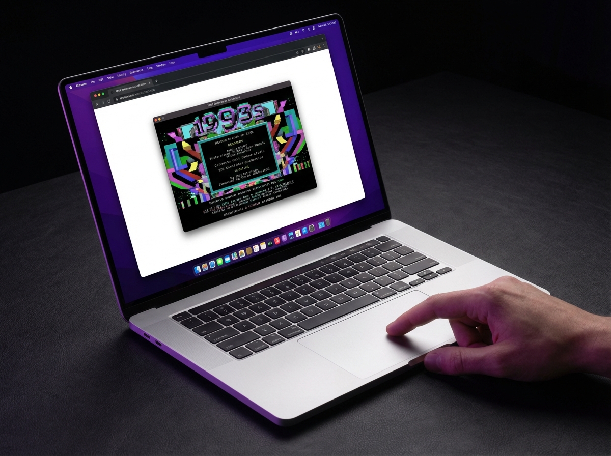 A modern laptop running the vintage demo in a browser window, illustrating the ease of access via DosKit.