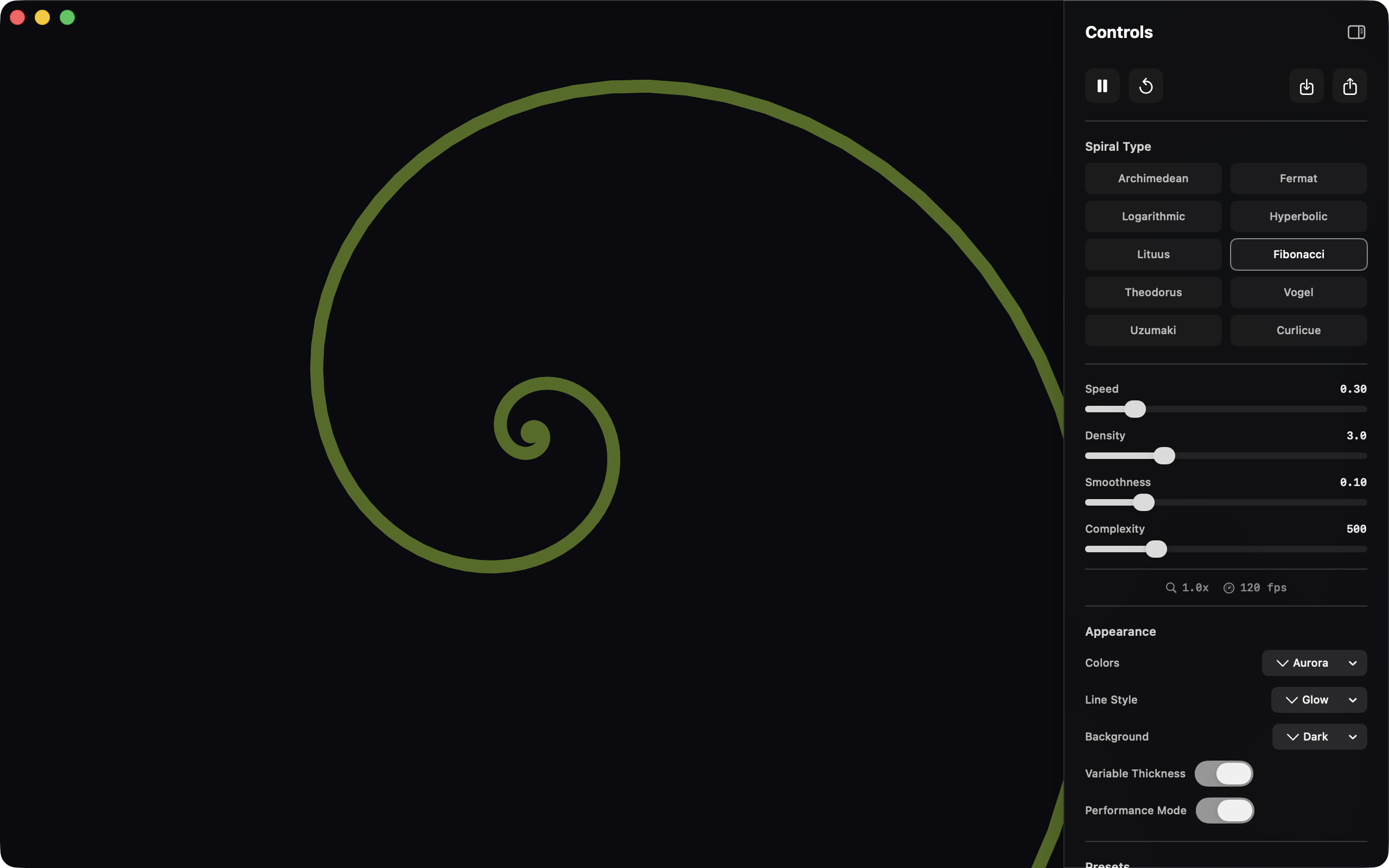 Uzumaki running on macOS showing the Classic Golden spiral preset